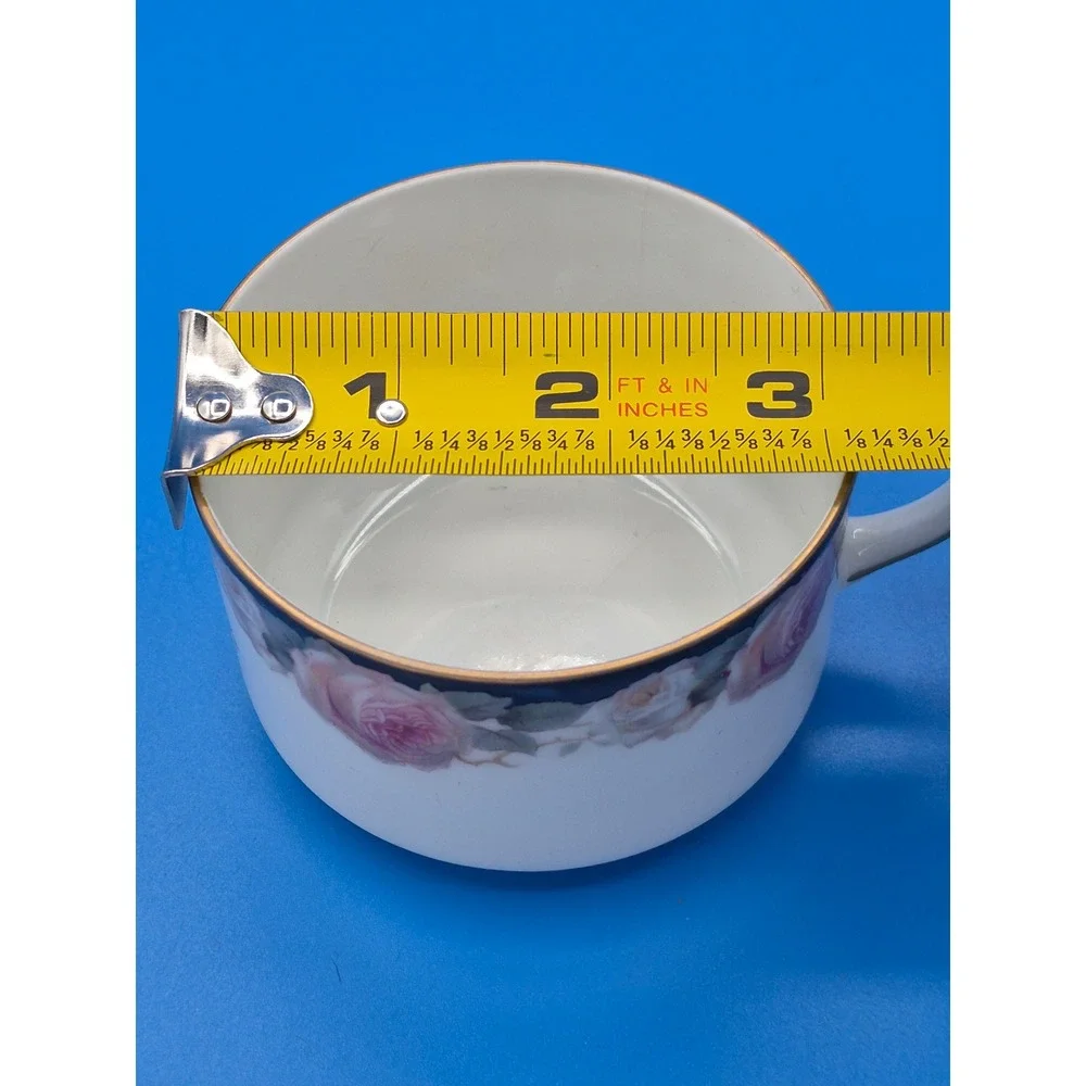 Vintage Bavaria Rose Floral Tea Cup and Saucer Set Navy Blue Gold Trim Porcelain
